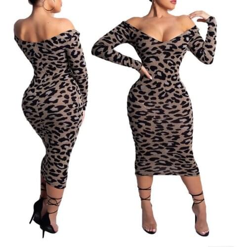 Autumn New Ladies Dress One Word Neck Sexy Long-sleeved Leopard Print Slim Slimming Fashion Casual Woman Clothing Skirt WE442