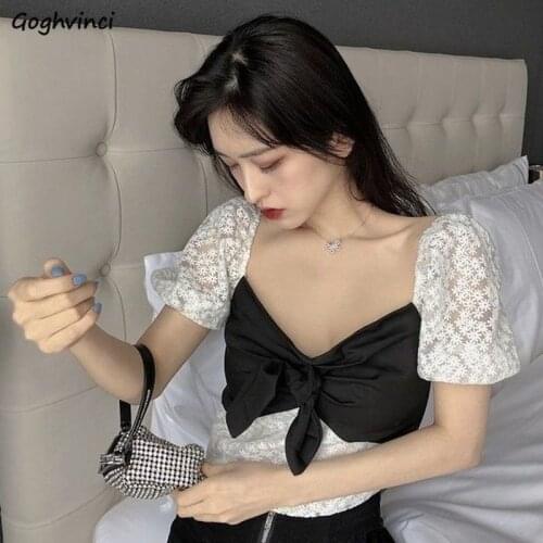 Slim Blouses Women Cropped Patchwork Elegant Trendy Lace Summer Casual Korean Version Puff Sleeve Square Collar Ladies Tops Chic