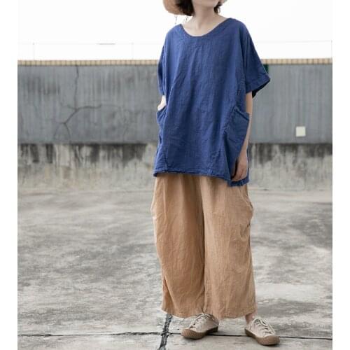 Women Spring Summer Elastic Waist Cotton Linen Pants Ladies Loose Vintage Patchwork Wide Leg Pants Female Trousers 2021