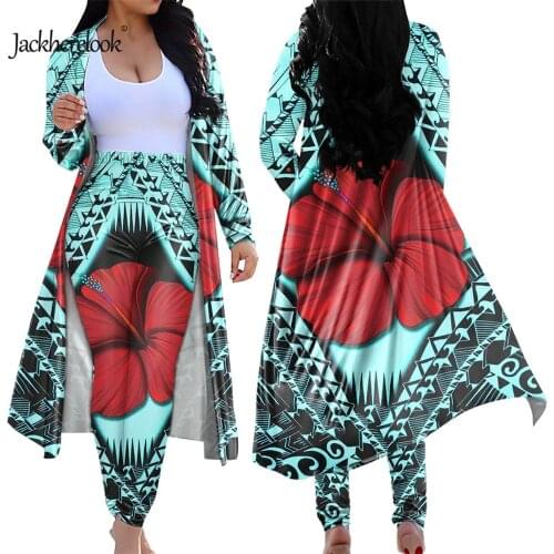 Jackherelook Samoan Polynesian Tribal Hibiscus Print Long Sleeve Womens Cardigan Bodycon Pants 2 Set Outfit High Waist Leggings
