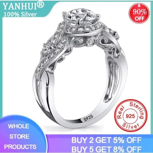 YANHUI Boho Female Crystal Zircon Ring Luxury Fashion 925 Silver Love Engagement Ring Vintage Pattern Wedding Rings For Women