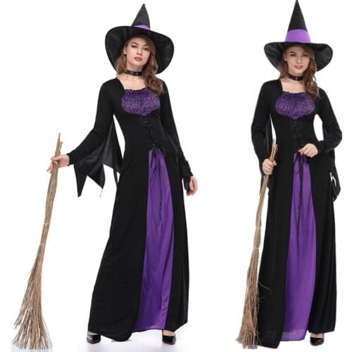 Witch Costume Halloween Party Cosplay Costume Medieval Renaissance Adult Witch Gothic Queen Vampire Fancy Dress+Hat + Neck Ring