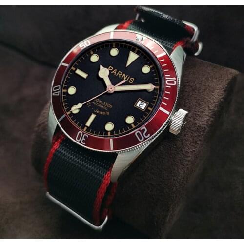 Parnis 41mm Red Bezel Automatic Mechanical Luminous Mens Calendar Watches Nylon Strap Sapphire Crystal Wristwatch 2021 PA6050
