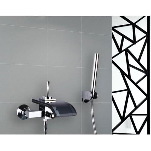 Wall mounted waterfall shower faucet glass set, Bathroom handheld shower head faucet mixer, Copper bathtub faucet shower chrome