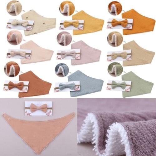 1 Set Solid Colour Cotton Baby Bibs Elastic Bow Headband Set Newborn Button Snap Triangle Scarf Burp Cloths Baby Girls Hair Band