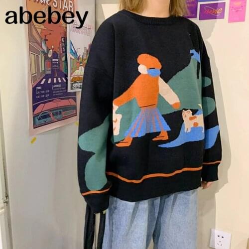 Autumn Winter Long Sleeve Knitted Sweater Harajuku Fashion Cute Cartoon Pullover Sweater Casual Loose Female Sweater Coat