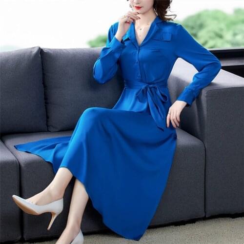 5XL Satin Dress Women 2020 Autumn New Long Sleeve Notched Shirt Dress Fashion Simple Casual Long Lace Up Office Clothing y384