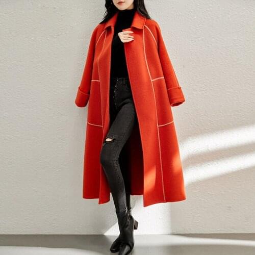 Popodion Orange Double-sided Cashmere Coat Womens Winter New Long Woolen Coat ROM80334