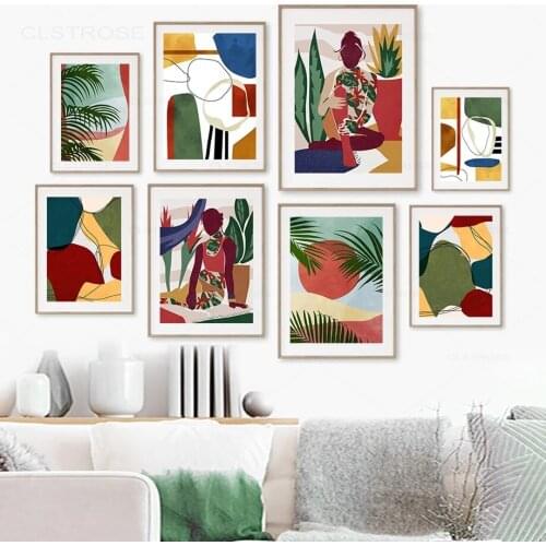 Tropical Plants Nordic Poster Abstract Line Sun Girl Canvas Painting Modern Home Decoration Liivn Groom Wall Art Pictures