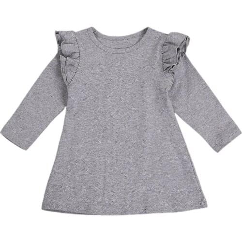 Baby Girls Solid Long Sleeve Ruffled Shoulder and Round Neck Simple and Elegant Dress for Little Girls 1-7 Years