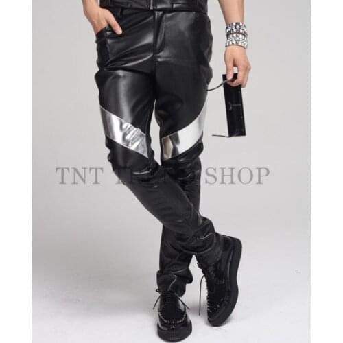 S-5xl ! Fashion Men Brand Stage Singer Dane Mirror Decoration Leather Casual Pants Costume Clothing Plus Size Trousers