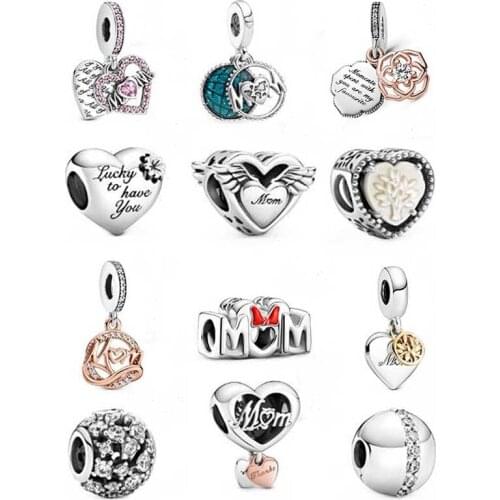 Heart & Mom Dangle Charm 100% Real 925 Sterling Silver Mother Day Charm Fit Brand Bracelet Diy Jewelry