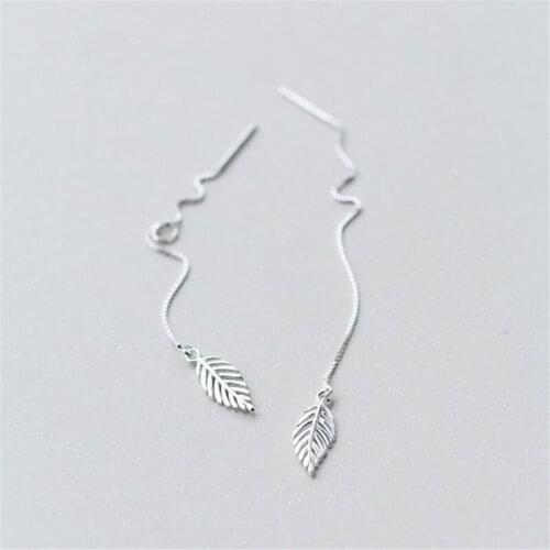 925 Sterling Silver Long Chain Leaf Charm Drop Earring For Women Girls Wedding Party Jewelry eh730