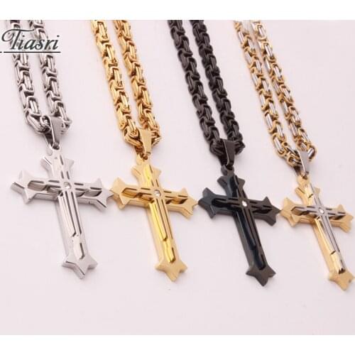 Tiasri Rhinestone Crucifixion Pendant Necklace For Men Women 5mm Byzantine Chain Halloween Gift Gothic Stainless Steel Jewelry
