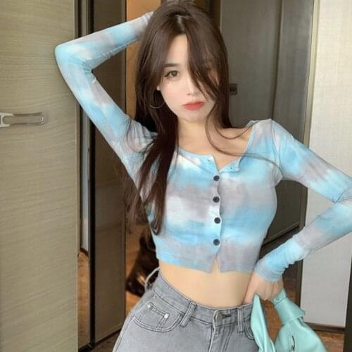 Womens Tie-dyed TShirt O-Neck Button Casual Sexy Navel Exposed Long-Sleeved Tee Shirt Tops