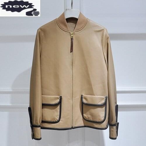 Casual Genuine Leather Jacket Women Street Stand Collar Bomber Coat Autumn New Loose Zipper Office Sheepskin Coats Pockets