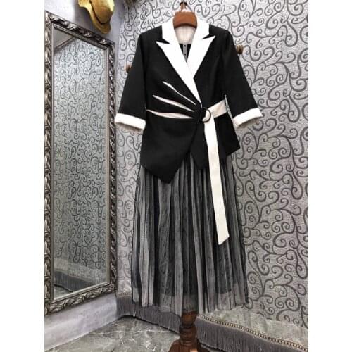 High Quality Blazer Sets 2021 Autumn Winter Suit Women Notched Collar Belted Blazer Coats+Sexy Tulle Mesh Maxi Long Skirt Set