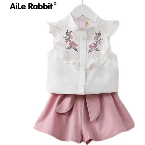 AiLe Rabbit 2018 Girls Fashion Purple Clothing sets Strapless Tops and Floral Shorts and Necklaces Childrens Clothes suit k1