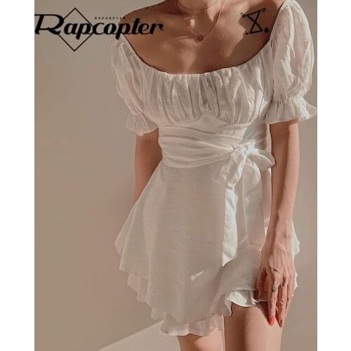 Rapcopter Ruffles Gown Ball Dress Ruched Tie Up Square Collar Sundress Puff Short Sleeve Mini Dress Vintage Korean Style Female