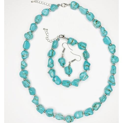 Womens Fashion Handmade Strand Necklace Knotted Turquoises Stone Beads Boho Short Chain Clavicle Jewelry Bracelet Earrings B506