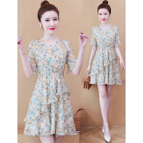 2021 Summer New High Waist V-Neck Chiffon Short-Sleeved Floral Temperament Printed Slim Dress Fashion Casual Womens Clothing