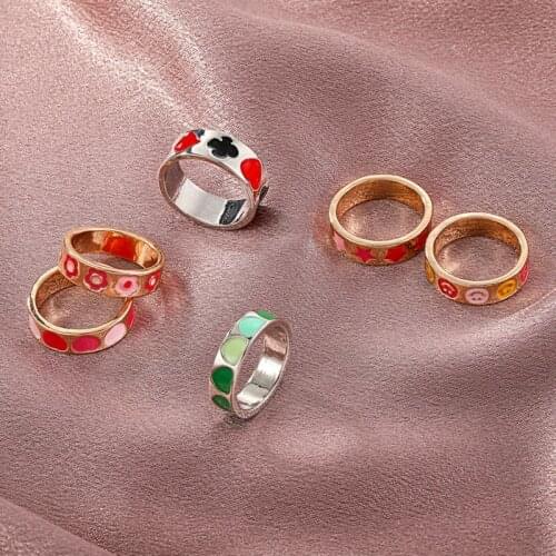 Vintage Love Heart Flower Enamel Rings For Women Fashion Gold Silver Color Dripping Oil Finger Rings Engagement Jewelry