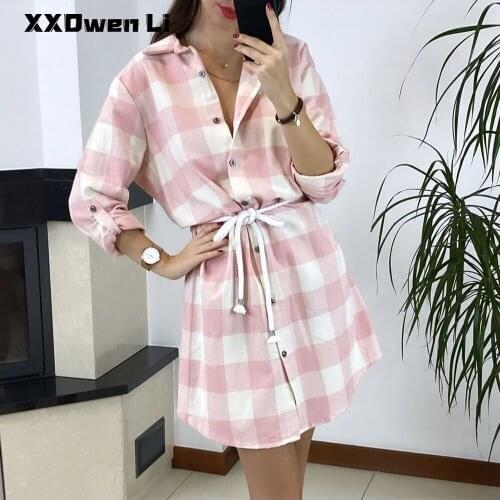 2021 New Womens Plaid Print Long Sleeve Belt Turn-down Collar Button Shirt Dress Pink Lace Up Casual Office Lady Mini Dresses