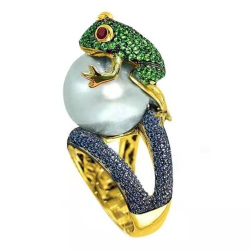 2021 Creative Lovely Frog Animal White Simulated Pearl Ring for Women Party Jewelry Female Accessories Size 6- 10