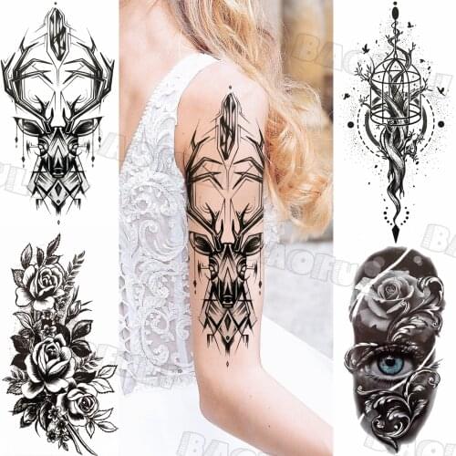 3D Black Deer Pendant Temporary Tattoos For Women Adult Rose Elf Tree Eyes Fake Tattoo Waterproof Body Art Tatoo ELK Moose