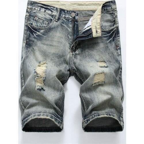 Skinny Stretch Jeans Men Vintage Ripped Jeans Shorts Summer Streetwear Hip Hop Male Casual Holes Straight Denim Shorts