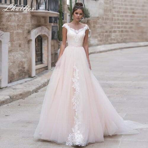 Lhuilier Elegant A-line Tulle Wedding Dresses 2020 Cap Sleeves Lace Appliques Pleated Floor Length Bridal Dress With Belt
