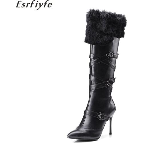ESRFIYFE 2020 New Fashion Women Knee High Boots Pointed Toe Thin Heels High Heel Autumn Winter Boots PU Leather Ladies Shoes