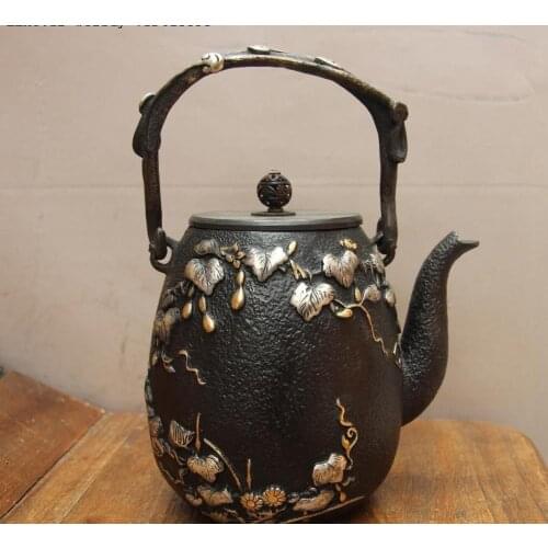 Jepanese Technics Iron Silver-Gilt Gourd Vine Water Bottle TeaPot Teakettle Pot