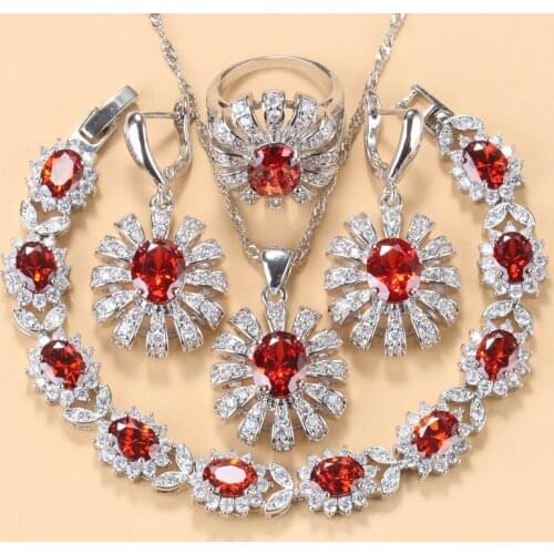 AAA+ Red Garnet Bridal Women Costume Big Jewelry Sets Party Necklace Flower Earring Bracelet And Ring For Mothers