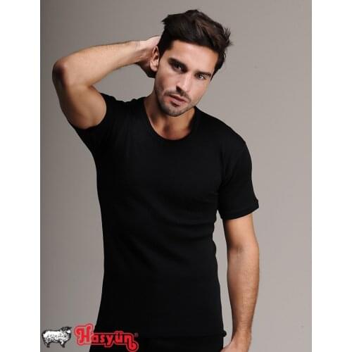 Male Black Wool Short Sleeve Undershirt, Woolmark Blend Certified, Cold Weather For, Extra Soft Australia Merino wool