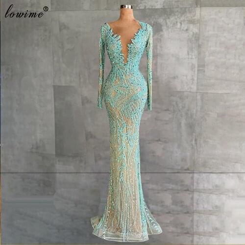 Mint Green Heavy Handmade Evening Dresses Long Sleeves Gorgeous Celebrity Dresses Evening Wear Formal Woman Pageant Gowns Custom