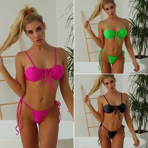 Neon Pink Underwire Bikinis Women Swimsuits Sexy Ribbed Swimwear Halter Biquini Micro Thong Bandage Bathing Suits Bikini Set New