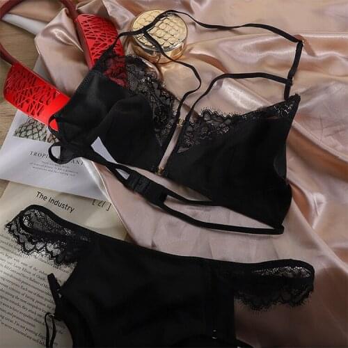 New hanging-neck ultra-thin wirefree bra set shoulder beautyback single-breasted front button sexy lace female lingerie