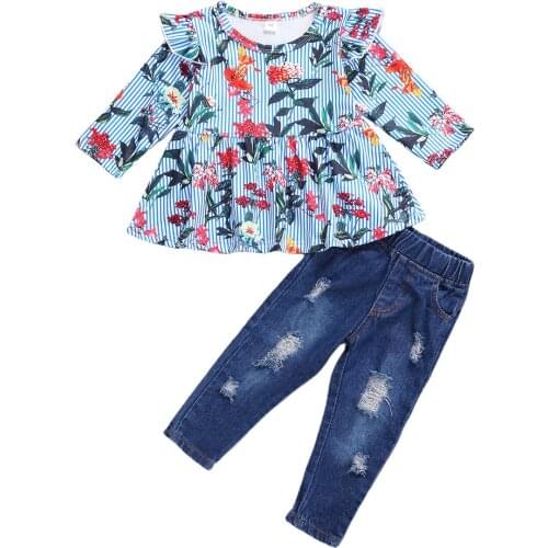 2020 Autumn Kids Girls Floral Print Outfits New Toddler Baby Girl Round Neck Long Sleeve Top+Ripped Jeans Clothes 2Pcs Sets 1-5T