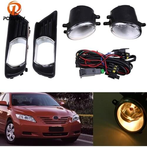 POSSBAY Front Lower Left Right Side Bumper Fog Light Grille Cover + Fog Lamps for Toyota Camry XV40 2007 2008 2009 Pre-facelift