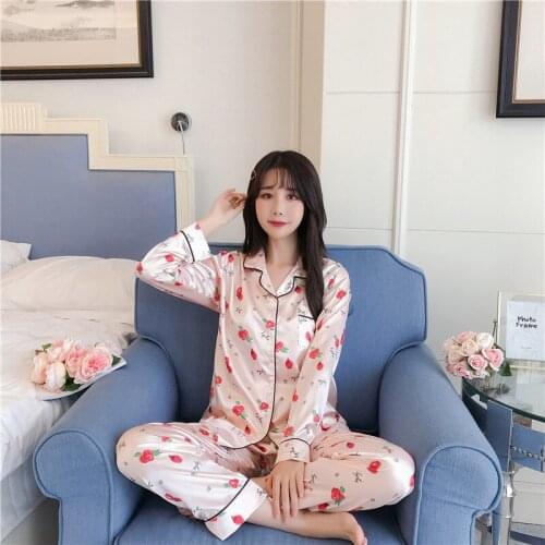 Spring and summer new Pajama womens ice silk long sleeve cardigan fat size two piece suit Korean version can wear home clothes