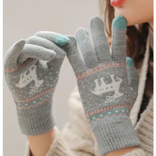 Deer Plush touch screen windproof winter warm trend student adult five finger wool knitted cotton gloves winter gloves women