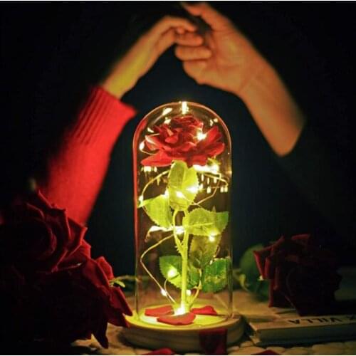 Romantic Eternal Rose Flower Home Decore LED Light Immortal Rose Glass Cover Valentines Day Mother Gift Birthday Ornaments