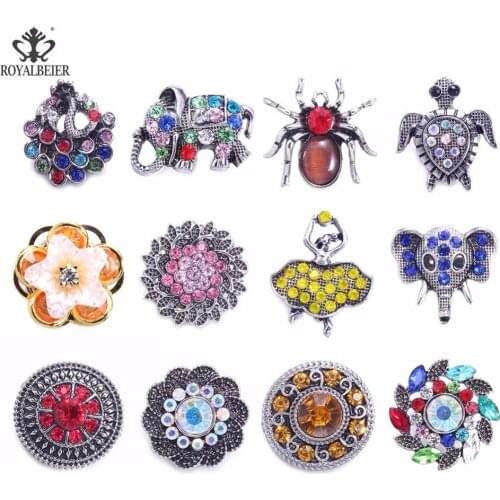 ROYALBEIER 6pcs/lot Colorful Rhinestone Flower Animals Metal Snap Button fit 18/20mm Snap Accessories For Women Jewelry Making