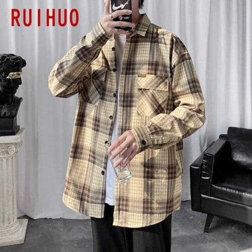 RUIHUO Plaid Shirts For Men Clothing Blouse Men Shirt Long Sleeve Casual Plaid Shirt Men Tops Fashion Vintage Clothes 4XL 2021