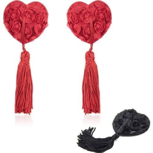 Heart Shape sexy Womens Nipple Covers Rose Breast Petals Tassel Pasties Bra Lingeries Red Black