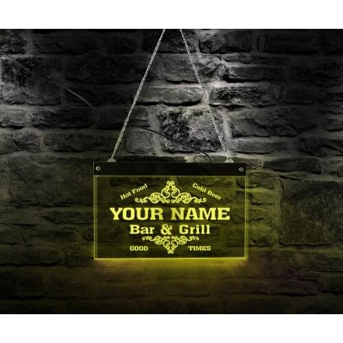 Custom Name Hot Food Cold Beer Bar and Grill Good Time Business Advertisement Sign Restaurant Hanging Acrylic Night Light Board