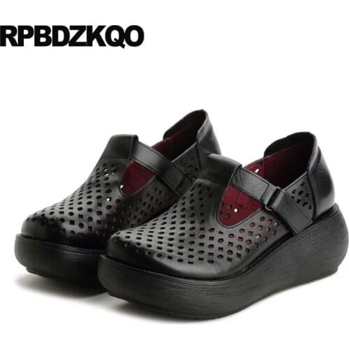 T Strap Round Toe Folk Harajuku Pumps Handmade Wine Red Black Genuine Leather Shoes Women Platform High Heels Wedge Creepers