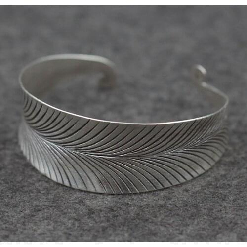 Thailand Chiang Mai Handmade S925 Sterling Silver Old Wide-leaf Retro Thai Silver Men And Women Adjustable Bangle