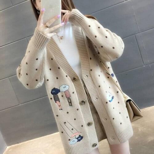 Dot Cartoon Print Knit Sweater Womens Cardigan Jacket Autumn V Neck Long Sleeve Knitshirt Tops Female Harajuku Knit Jacket